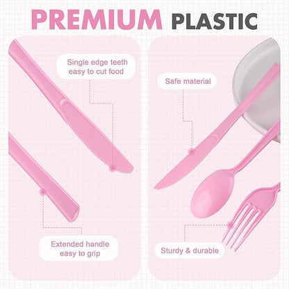 300 Pieces Light Pink Plastic Silverware Heavy Duty Plastic Cutlery Set Heavyweight Disposable Flatware Includes Spoons Forks Knifes for Birthday Party Prom Night Wedding Dinner