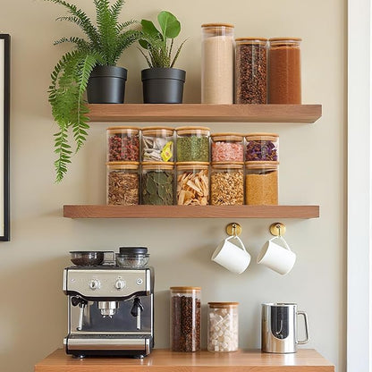 ComSaf Airtight Glass Food Storage Jars Set of 6, 0.6 Qt Clear Glass Food Storage Container with Sealing Wooden Lid, Stackable Spice Jar, Round Kitchen Canister for Sugar, Tea, Coffee bean, Pasta, Oat