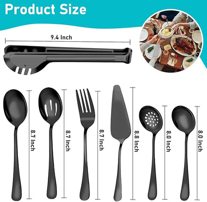 Serving Utensils, 15 Pcs Stainless Steel Large Flatware Serving Tools Kit, Included Spoons, Forks, Tongs, Slotted Spoon, Ladle, Cake Server for Kitchen Catering Banquet Wedding Buffet Party, Black