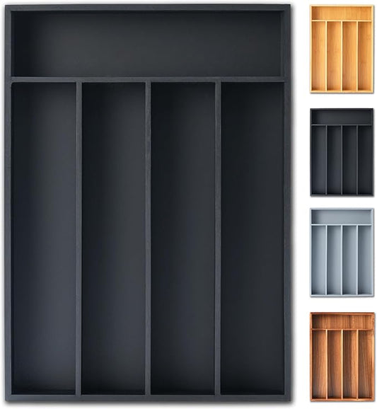 Silverware Organizer, 10 Inch Utensil Organizer Kitchen Drawer Organizer Bamboo Silverware Holder Cutlery Tray Organizer in Drawer Flatware Organizer Tray(5 slots, Black）