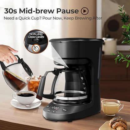 Small 5-Cup Coffee Maker with 24h Programmable Timer, Drip Coffee Machine with Food-grade BPA-free Glass Carafe, 2h Keep Warm with Auto Shut-off, Delay Brew, 25oz Water Tank, Compact for Home/RV