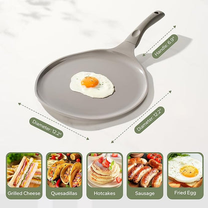 Redchef Nonstick Crepe Pan Nonstick 12 Inch with Ceramic Coatingg, Non Stick Flat Skillet, Professional Pancake Griddle Pan, Induction Compatible, PFAS/PFOA/PTFE Free, Stay-Cool Handle (Gray)