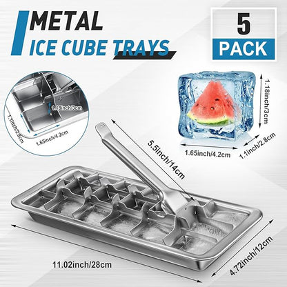 5 Pcs 18 Slot Stainless Steel Ice Cube Maker and Tray Ice Cube Tray for Bars Kitchens Levers Remove Cubes Easy Removal Metal Food Grade Freezer Molds for Food Juice Dishwasher Safe