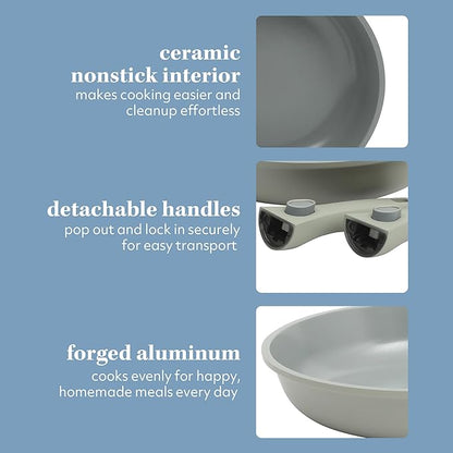 Sur La Table Kitchen Essentials Craft Studio Cast Aluminum Detachable Handle 8 and 10 Inch Skillet Fry Pan Set w/PFA Free Ceramic Non Stick Removable Handle Induction Safe - Juniper Green