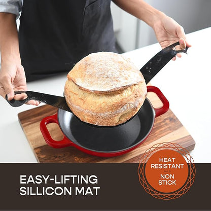 Enameled Cast Iron Dutch Oven for Sourdough Bread Baking | 6 Quart Pot with Lid | 10 Inch Ceramic Enamel Thick Coated Cookware Set with Non Stick Silicone Baking Mat for Cooking | 6 Qt | Red