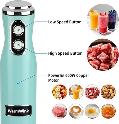 4 in 1 Corded Hand Blender Includes Food Chopper, Mixing Beaker Milk Frother and Whisk 600W Handheld Blender with Stainless Steel Blade, Baby Food Blender