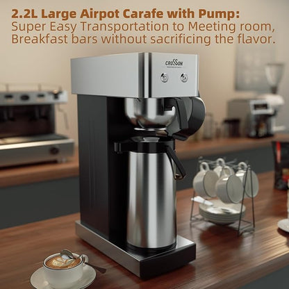 crosson 2.2L Commercial Airpot Coffee Brewer, Pour Over Drip Coffee Maker with 24 Hours Hot 2.2L Thermal Airpot Coffee Carafe Dispenser with Pump