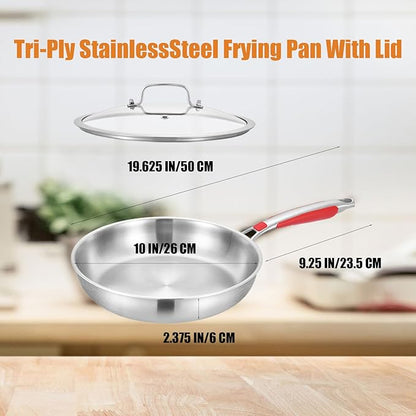 Inqibee 10 Inch Tri-Ply Stainless Steel Frying Pan with Lid,Skillet,Induction Cooking Pan,Heavy Duty and Dishwasher Safe,Detachable Handle