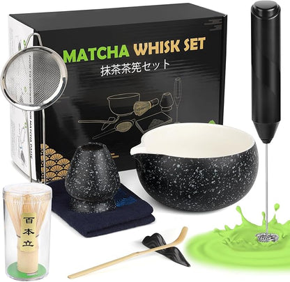 Matcha Whisk Set with Electric Frother – 8Pcs Tea Set with Matcha Bowl, Bamboo Whisk & Holder, Scoop, Scoop Rest,Sifter&Tea Towel–Traditional & Modern Matcha Kit for Ceremony,Lattes & Gifts