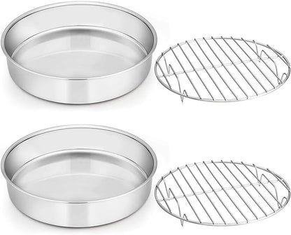 E-far Round Cake Pan with Rack Set, 9½-inch Stainless Steel Cake Pans and Baking Cooling Racks, Non Toxic & Healthy, Mirror Polished & Dishwasher Safe - 4 Pieces (2 Pans + 2 Racks)