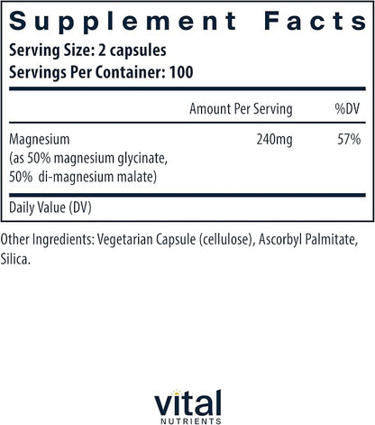 Vital Nutrients Magnesium Glycinate + Malate | 120mg Vegan Magnesium Supplement for Women and Men | Muscle, Heart, Bone Support* | Promotes Relaxation | Gluten, Dairy and Soy Free | 200 Capsules