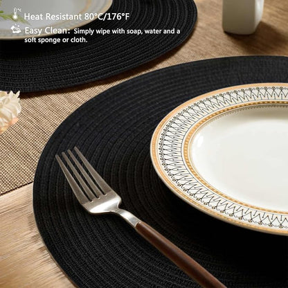 FunWheat Round Braided Placemats Set of 6 Place mats for Dining Tables Woven Heat Resistant Table Mats 15 inch (Black,6pcs)