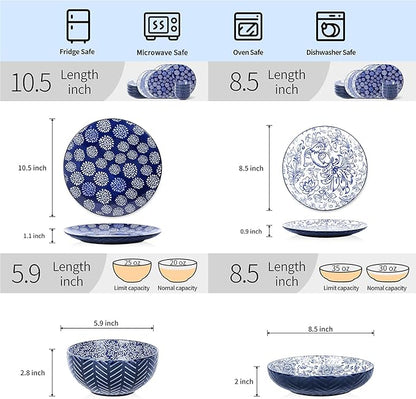 Selamica Ceramic Plates and Bowls Sets, 32 Pieces Dinnerware Sets for 8, Scratch Resistant Embossed Dishes Set for Family Gatherings, Dishwasher & Microwave Safe, Dark Blue