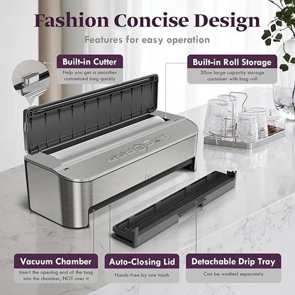 Mesliese Vacuum Sealer Machine, 85kPa 120W Automatic Food Sealer, Powerful Sealing System, Build-in Cutter | Bags Storage | Moist Mode and Air Suction Hose (Silver)
