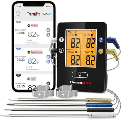 ThermoPro TP25 650FT Bluetooth Meat Thermometer with 4-Probes, Smart Rechargeable Wireless Meat Thermometer for Grilling, Smoker, Oven, Kitchen, BBQ Thermometer with Alarm, Temperature Graph, Black