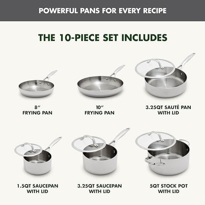GreenPan Valencia Tri-Ply Stainless Steel 10 Piece Cookware Set, Induction Ready Pots & Pans, Mirror Finish, Dishwasher Safe & Oven/Broiler Safe to 600F, Compatible with All Cooktops, Silver