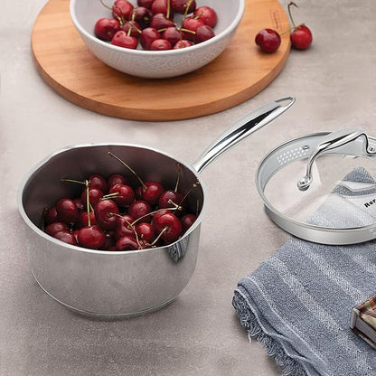 Rorence Stainless Steel Sauce pan: Saucepan with Pour Spouts, Capsule Bottom & Tempered Glass Lid - 2.5 Quart