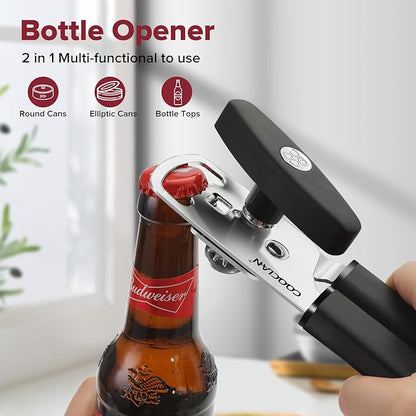 Can Opener Manual 2-in-1 with Magnet, Hand Held Can Openers with Stainless Steel Sharp Blade (Smooth Cut), Large Effortless Turn Knob, Non-Slip Soft Rubber Handle, Built-Bottle Openers, Black