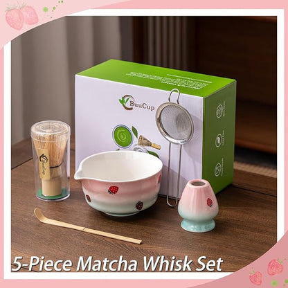 Matcha Whisk Set, Matcha Bowl with Spout, Matcha Whisk and Holder, Bamboo Matcha Scoop and Stainless Sifter,Ceramic Matcha Bowl(Pink Green)