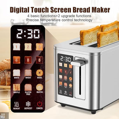 Touch Screen Toaster 2 Slice, Stainless Steel Toasters Digital Timer 2 Slot Toasters, 6 Shade Settings 6 Bread Types for Bagel,Defrost（304 Stainless Steel）
