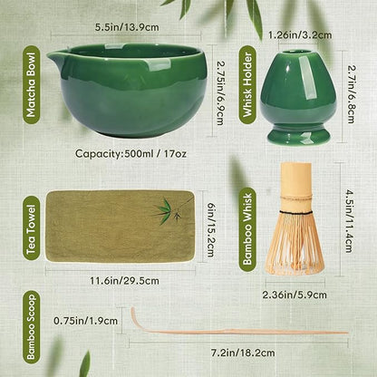 Matcha Whisk Set – Ceramic Matcha Set with Matcha Bowl, Matcha Whisk & Holder, Bamboo Scoop, Tea Towel – 5-Piece Japanese Matcha Kit for Matcha Lovers, Beginners & Gifting (Green, 17oz)