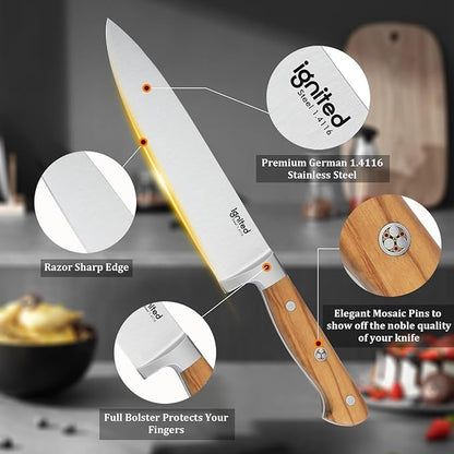 8 Inch Chef Knife, 1.4116 German High Carbon Steel Chef's Knife, Chefs Knife with Ergonomic Olive Wood Handle, Professional Full Tang Kitchen Knife with Gift Box
