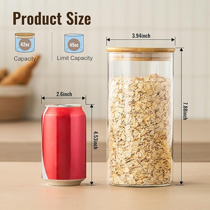 4 Pack 42oz Glass Jars with Bamboo Lids,Glass Storage Containers with Lids,Clear Airtight Food Storage Jar for Flour,Oat,Coffee,Tea,Sugar,Cookies,Pantry Organizers 3mm Thick Canisters