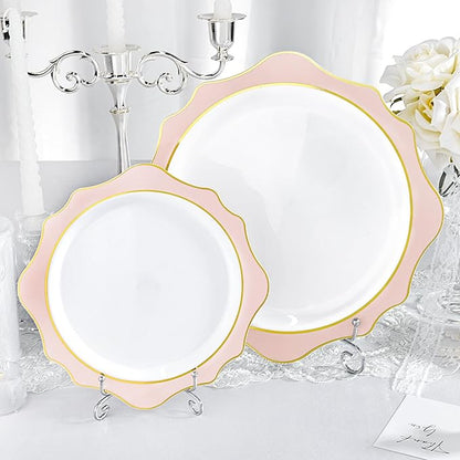 100 PCS White and Pink Disposable Plates for 50 Guests, Scalloped Plastic Plates Include 50 Dinner Plates and 50 Dessert Plates for Party, Wedding and Graduation