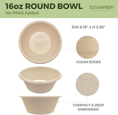 [125 Count]Harvest Pack Compostable Paper Bowls, 16oz PFAS FREE Round Biodegradable Bowl, Heavy-Duty Eco-Friendly Disposable, Sugarcane Bagasse Natural plant fibers Takeout, Alternative to Plastic