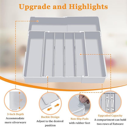 Silverware Drawer Organizer for Kitchen - Adjustable Utensil Holder Drawer Organizer, BPA Free Flatware and Cutlery Tray, Expandable Plastic Storage for Spoons Forks Knives, Grey
