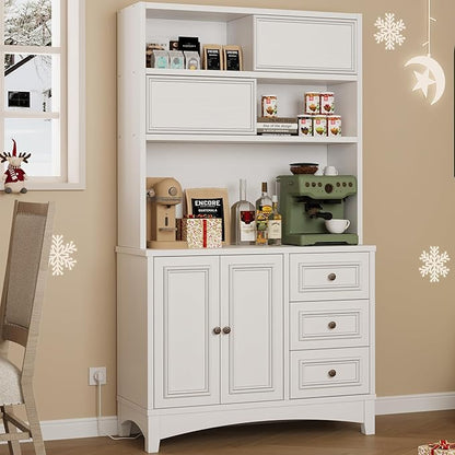 71" Farmhouse White Pantry Cabinet with Charging Station, 4-Type Storage & Anti-Tip Design, Kitchen Cabinet with Adjustable Shelves