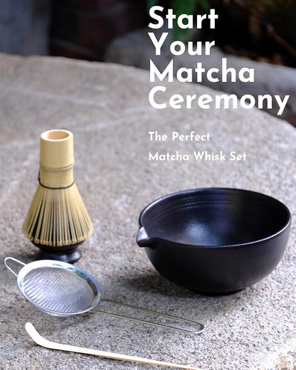 Matcha Whisk Set,Matcha Set,Matcha Kit,Matcha Bowl with Spout,Scoop,Sifter,Bamboo Whisk,Chasen Holder,Unique Gifts for Women Grifend,Gifts for Christmas, Birthday,Halloween(Black)