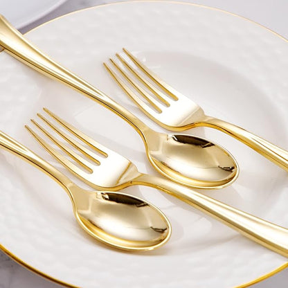 BUCLA 200-Piece Gold Plastic Silverware - Heavy Duty Disposable Cutlery Set - 100 Gold Plastic Forks & 100 Spoons for Catering, Party, Dinner, Wedding & Thanksgiving