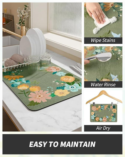 AMOAMI Coffee Mat Hide Stain Rubber Backed Absorbent Dish Drying Mat for Kitchen Counter - Fits Under Coffee Maker - Floral GREEN 12X19