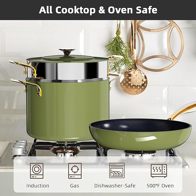Nuwave Lux LE 13-Pc Cookware Set with Elegant Gold Handle, Diamond Infused Ceramic Non-Stick, PFAS Free, Premium Metal Lids, Ergonomic Stay-Cool Handles, Induction Ready & Compatible w/All Cooktops