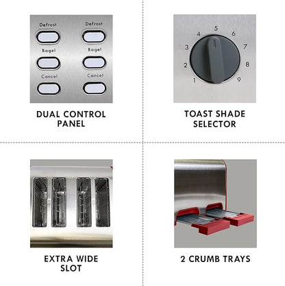 Kenmore Toaster 4 Slice - Extra Wide Slot Countertop Kitchen Appliance, Defrost Function, Grille-Pain, 9 Shade Settings, Compact Design, Easy Clean Crumb Tray, Bread Bagel, Stainless Steel & Red
