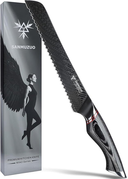 8 Inch Bread Knife Serrated Blade - Black Damascus Steel with Ergonomic Handle - MIAO Series