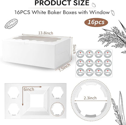 JCD 16 Pcs Bento Cake and Cupcake Box Combo Bento Box with Clear Window 5 Holes Fit 4 Cupcakes and 1 Mini Cake for Bakery Baking Supplies(1+4/16Pcs)
