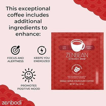 Zenbean Infrared Coffee Brew Travel Pack - 10 Servings, Single-Serve Pour-Over Drink, Low Acid Coffee with Balanced Flavor, Infrared Roasted Arabica Beans