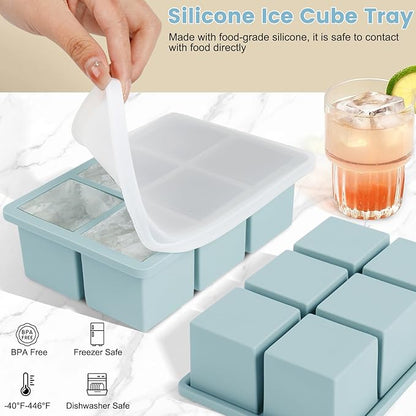 Large Silicone Ice Cube Tray 3Pack, SAWNZC Big Square Ice Cube Molds for Whisky Cocktail, Ice Maker Tray with Lid for Freezer, Easy Release (2, Blue)