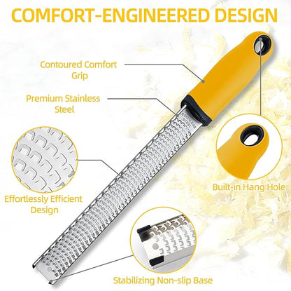 Koythin Zester, Lemon Zester & Cheese Grater with Brush, Heavy Duty Kitchen Tool for Zesting Citrus, Parmesan Cheese, Chocolate, Ginger, Fruits, Stainless Steel with Handle and Cover (Yellow)