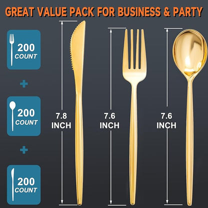 SUT 600 Pcs Gold Plastic Silverware, Gold Disposable Utensils, Heavy Duty Cutlery Set, Disposable Silverware Set Include 200 Forks, 200 Spoons, 200 Knives Heavy Duty Flatware for Party