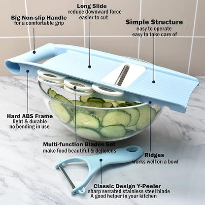 5 in 1 Mandoline Slicer for Kitchen, Vegetable Slicer Multi Blade Potato Chip, Veggie shredder, Vegetable Cutter, Julienne Shredder and peeler For Small Job In Kitchen Blue