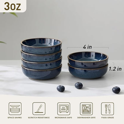 famiware Nature Ceramic Soy Sauce Dish, Dipping Bowls Set of 6, 3 oz Dipping Sauce Bowls/Dishes/Cups/Plates, Small Serving Bowls for Side Dishes, Condiments, Sushi, Appetizer, Dessert, Midnight Blue