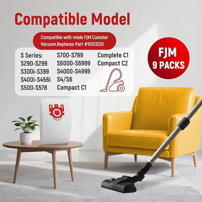 3D Airclean Dust Bags Replacement for Miele FJM Vacuum Compact C2 Compact C1 Complete C1 S241 S290 S300i S500 S700 S4 S6 Series (Pack of 9) with 3 Motor Protection Filters 3 Air.Clean Filters