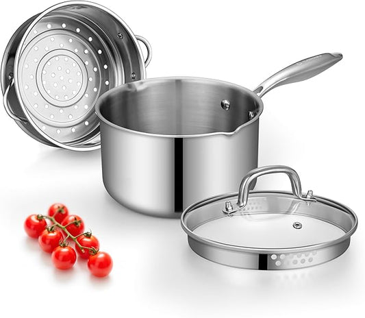 Tri-Ply Stainless Steel Sauce Pan with Steamer Basket & Straining Glass Lid — Heavy-Duty,Thick Base,Rust-Resistant,Warp-Free —100% Food-Grade —Built to Last– Works with All Stovetops, Pasta Pot 2.5 QT