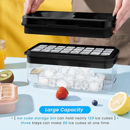 PHINOX Ice Cube Tray with Lid and Bin, 3 Pack Plastic Ice Cube Tray Molds, 96(4*8*3) pcs Ice Trays for freezer, Chilling Drinks, Whiskey & Cocktails, with Ice Container and Ice Scoop, BPA-Free, Black