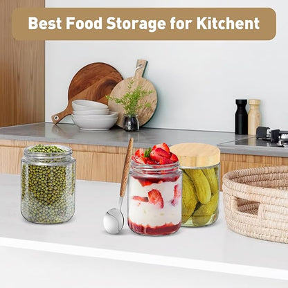 Overnight Oats Containers with Lids,16oz Wide Mouth Glass Mason jars with Bamboo Lid,Oatmeal Containers with Airtight Lid and Spoons,Meal Prep Jars for Yogurt,Chia Pudding,Snacks,Salad,Spice(6Pack)