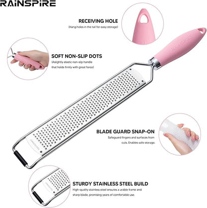 Rainspire Zester Grater with Handle, Lemon Zester Cheese Grater for Kitchen Stainless Steel, Parmesan Cheese Garlic Nutmeg Chocolate Fruits Vegetables Ginger Grater, Fine (Pink)