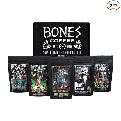 Bones Coffee Company NEW Favorite Flavors Sample Pack, Assorted Flavored Coffee Low Acid Medium Roast Arabica Beans Specialty Coffee Gifts, Auto Drip and French Press Compatible, 4 oz Pack of 5 Ground